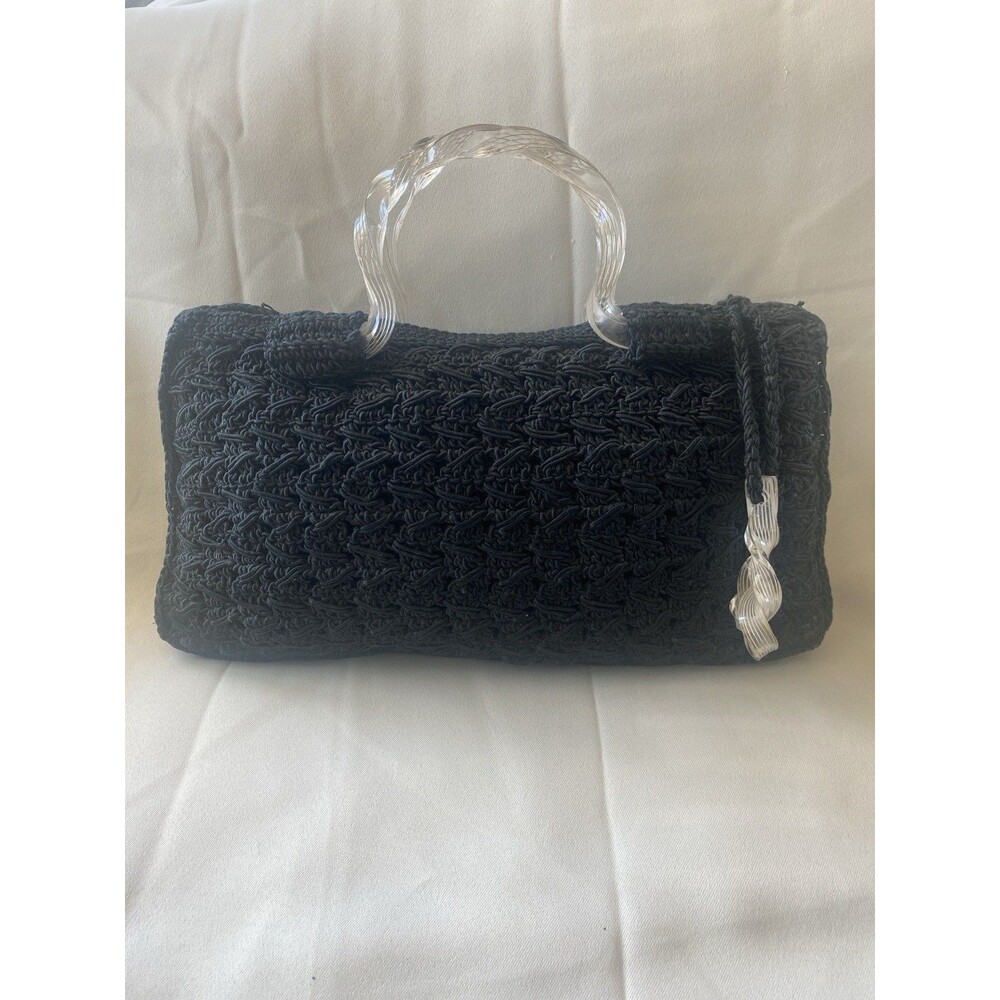 Vintage Large Black Crochet Gimp Double Etched Lucite Handles & Pull 14” X 8”
